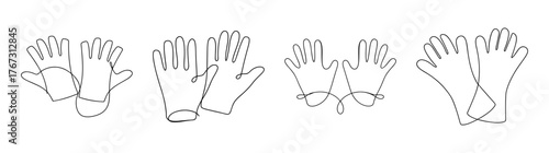 Four detailed line art drawings of hands wearing fingerless gloves and holding objects