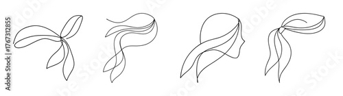 Four abstract line art sketches of flowing hair scarves or headwear designs