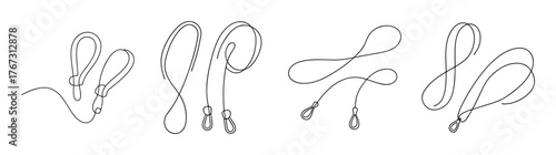 Four abstract wireframe objects suggesting lanyards or ribbons with intricate details