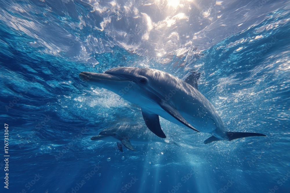 Naklejka premium Dolphin gliding through clear ocean waters showcasing its belly with sunlight filtering through waves at midday