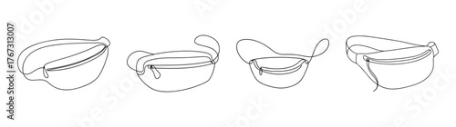 Four different waist bag and fanny pack designs with detailed sketches and outlines