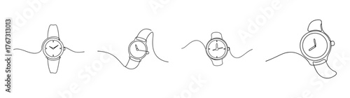 Four diverse watch designs with intricate details and straps shown from different angles