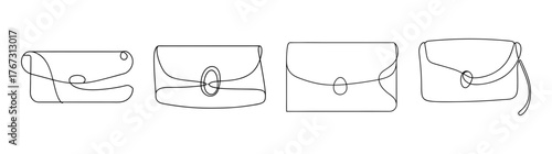 Four detailed line drawings of different clutch handbags showing design variations