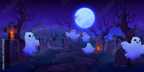 Cartoon Halloween graveyard cemetery with cute vector translucent ghosts drifting among crooked tombstones and stone crosses, tangled tree trunks border the scene, pebble path curves through the mist