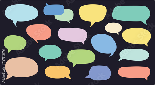Colorful speech bubble, chat bubble, thought bubble collection with unique dark background presentation highlights pastel, vibrant colors. Diverse, organic shapes for UI design, comics