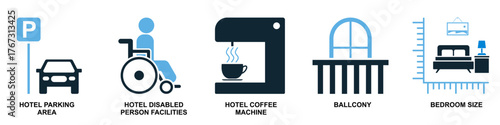 Set hotel icon vector. Ideal for hospitality, accommodation, and travel amenity themes. This graphic collection represents various guest services and lodging features for a seamless interface design.	