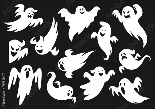 Cartoon scary and spooky ghost spirit vector characters with creepy faces, raised arms and floating tails in various poses. Halloween ghost silhouettes flying, screaming, smiling and haunting emotions