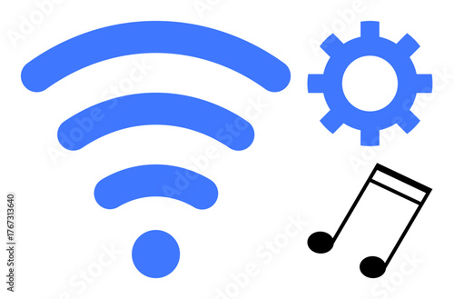 Blue wireless signal, music note, and gear cog illustrate wireless audio streaming, innovation, and tech. Ideal for technology, music, connectivity, networking engineering data sharing efficiency