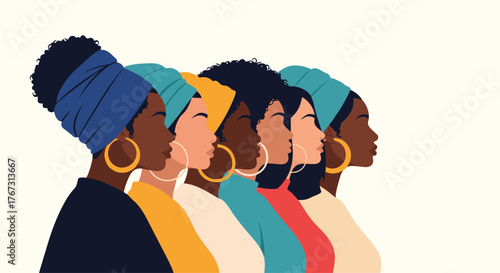Diverse group of women with colorful headscarves stand together, celebrating unity and sisterhood.