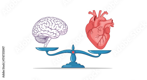 A stylized brain and heart are perfectly balanced on a scale, symbolizing the equilibrium between logic and emotion in human decision-making.
