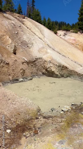 Lassen Volcanic National park, puddle of mud boiling due to volcanic activity near Sulphur works