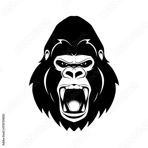 Bold black and white gorilla illustration with open mouth and fierce expression