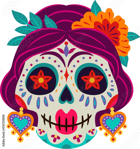 Day of the Dead celebration Catrina woman calavera sugar skull. Dia de Los Muertos carnival calavera sugar skull, hispanic culture holiday dead head with heart earnings, flower and leaves in hair