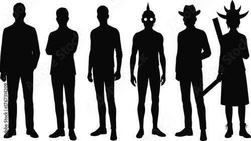 Character silhouettes with diverse styles, formal attire, punk, cowboy, and warrior figures illustration, creative concept, flat vector