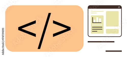 Developer tags with forward and backward slash surrounded by a web interface mockup. Ideal for programming, web development, technology, innovation, digital tools, coding, simple flat metaphor