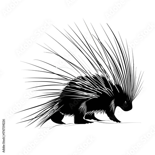 Black and white illustration of a porcupine with sharp quills on white background