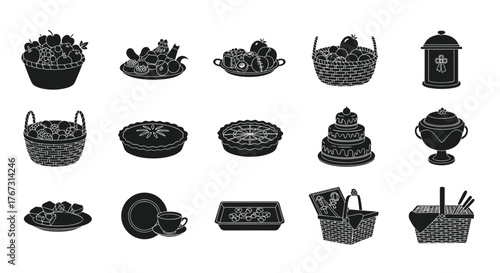 A diverse collection of black and white icons representing food items, baked goods, kitchenware, and picnic essentials.