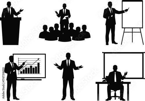 Business professionals giving presentations and speeches, corporate communication silhouettes illustration, office training concept, flat vector