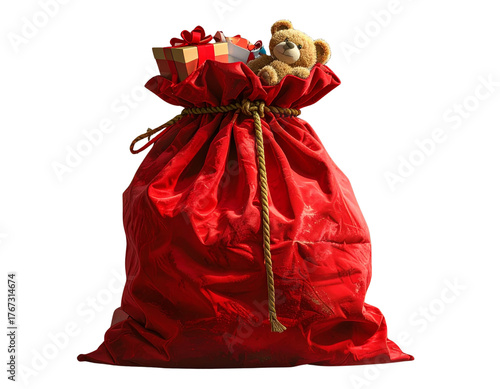 Traditional Santa Gift Sack with Golden Rope and Toys – Festive PNG