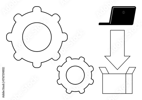 Two gears, a laptop, an arrow, and an open box convey workflow, digital solutions, production processes, and upgrades. Ideal for tech, logistics software innovation efficiency manufacturing
