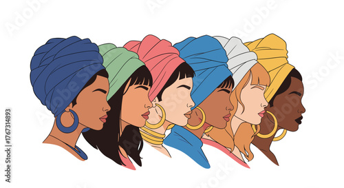 Diverse group of women in headscarves, a symbol of cultural heritage and fashion, representing unity and empowerment of diverse communities.