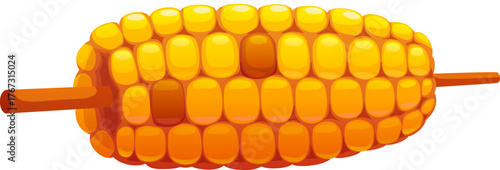 Cartoon grilled vector corn cob on wooden stick. Autumn farm street food on grill or barbeque. Fall harvest vegetable baked on barbecue with spices