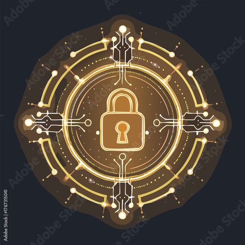 Secure digital data with this abstract golden padlock icon surrounded by circuit board technology and glowing light effects representing cybersecurity and data protection concepts