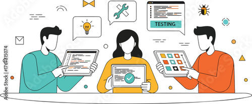 Software developers testing innovative application features for modern technology