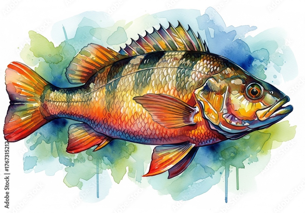 Fototapeta premium Nile Perch fish watercolor, Watercolor style digital painting for graphic design decoration, gifts or print design, animals, fish in water, river, sea, lake life