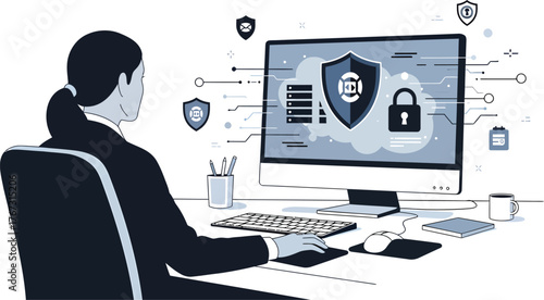 Protecting data with a secure system, woman working on computer, cyber security.
