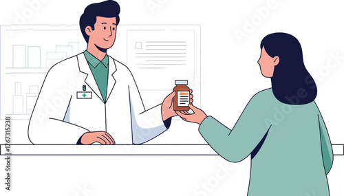 Caring pharmacist giving prescription medication to patient for better health now