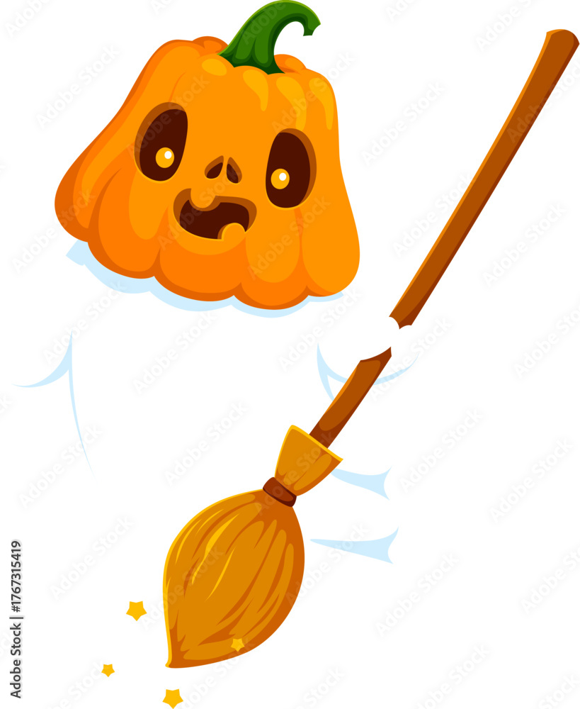 Naklejka premium Funny Halloween ghost character with pumpkin head and broomstick. Cute kawaii cartoon personage with cheerful face and bright orange head. Vector spooky monster for Halloween kids party