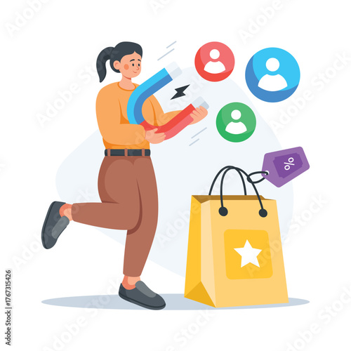 A woman holding magnet and attracting customer, customer attraction concept vector