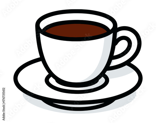 A black and white coffee cup with a white saucer. The cup is filled with dark coffee and the saucer is empty. Vector.