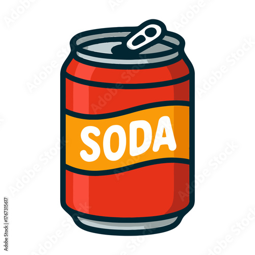 A cartoonish red soda can with a silver lid. The can is labeled with the word "soda" in orange letters. Vector.