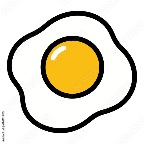 A cartoon egg with a yellow yolk. The egg is white and has a black border. The egg is sitting on a white background. Vector.