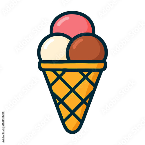 A cartoon ice cream cone with three different flavors of ice cream. The cone is yellow and has a blue border. Vector.