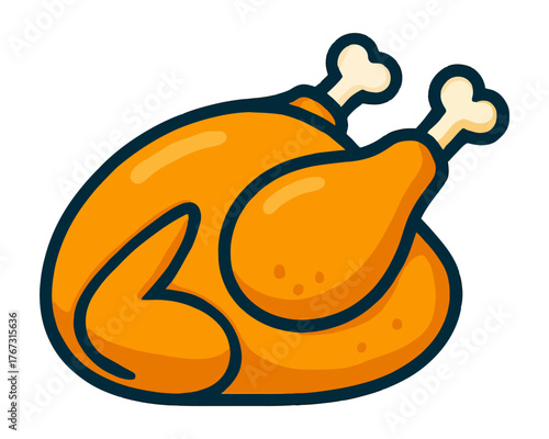 A cartoon drawing of a turkey with its legs spread out and its head tilted. The turkey is orange and has white bones. Vector.