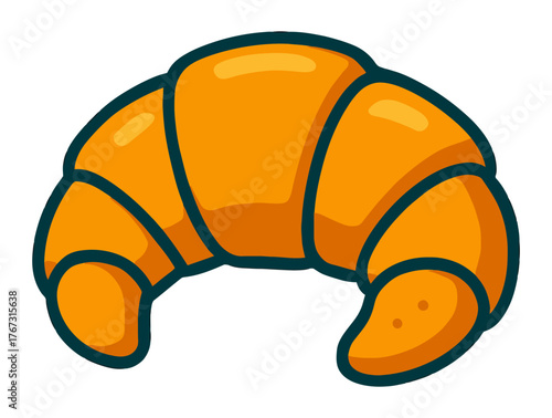 A cartoon drawing of a croissant with a green border. The croissant is orange and yellow and has a green border. Vector.