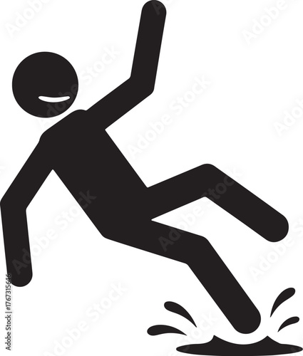 Stick Figure Slipping on Water, Indicating Danger and Caution.
