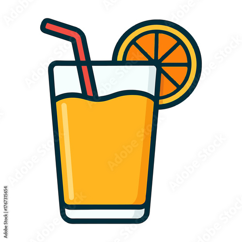 A glass of orange juice with a straw and a slice of orange on top. Concept of freshness and healthiness. Vector.