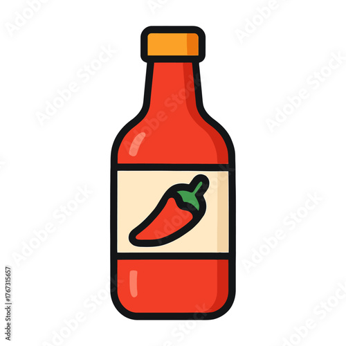 A bottle of hot sauce with a green pepper on the label. The bottle is red and has a yellow cap. Vector.