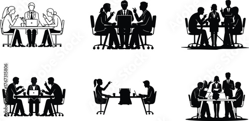 Business professionals in meetings and teamwork discussions, office collaboration silhouettes illustration, corporate workplace concept, flat vector