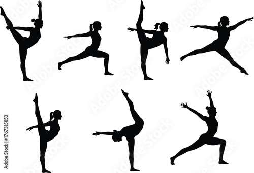 Gymnastics dance poses, flexibility balance movement, fitness exercise silhouettes, athletic performance art, healthy lifestyle activity, flat vector