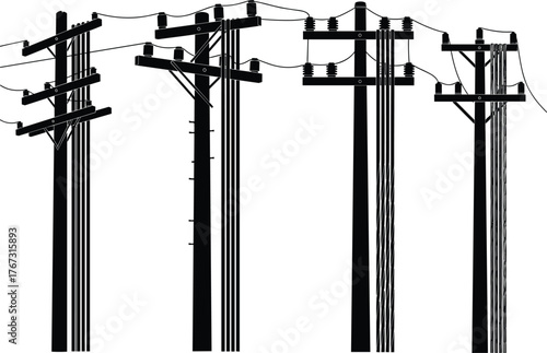 Different utility poles with crossarms and insulators, electrical power line infrastructure, energy distribution silhouette illustration, flat vector