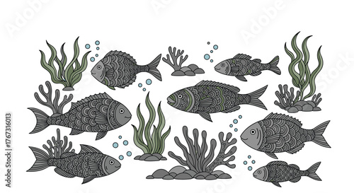 Detailed underwater illustration featuring a school of stylized dark grey fish, vibrant green seaweed, and assorted grey coral elements.