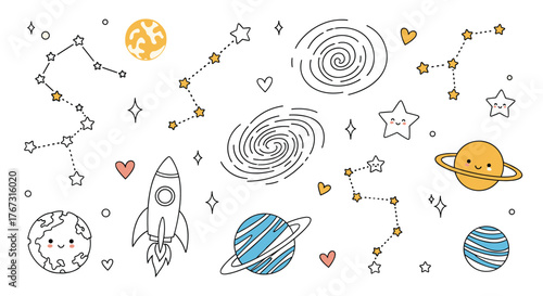 Cute cartoon space elements with planets, stars, constellations, rockets, and galaxies.