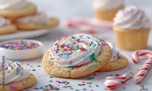  birthday cookies with frosting and colorful sprinkles, with one cookie in the center surrounded by others on a white background