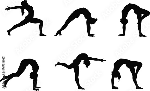 Yoga poses silhouettes, fitness flexibility balance, meditation exercise practice, healthy lifestyle activity, wellness stretching routine, flat vector