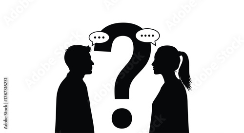 Silhouette illustration of a man and woman communicating with question mark symbol, concept of questioning and conversation.